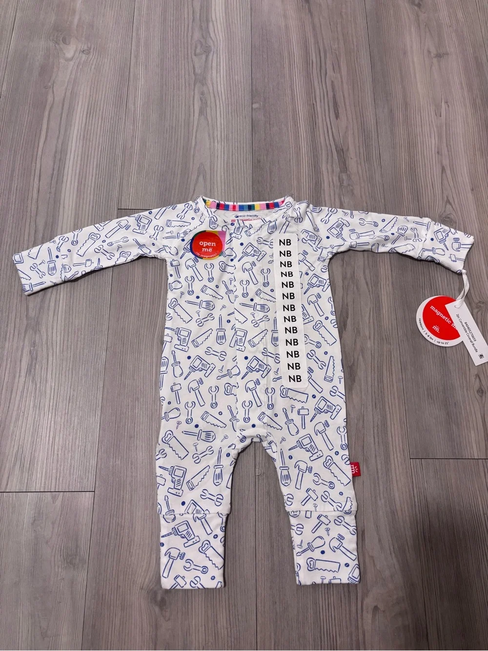 Magnetic Me bamboo White One-Piece with Blue Tool Print